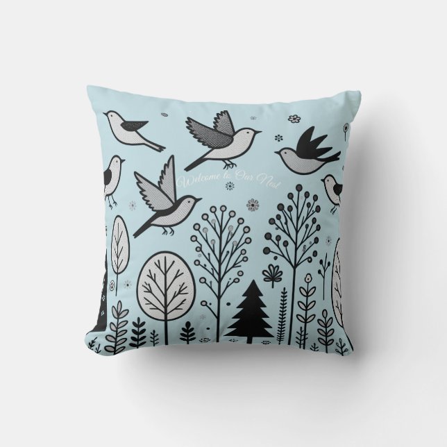 Twilight Forest Birds Hellblau Kissen (Vorderseite)