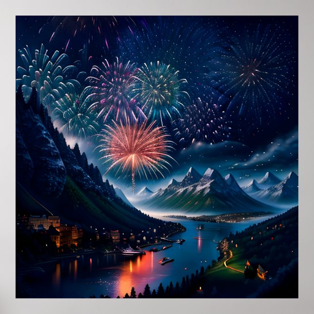 Twilight Mountain mit Feuerwerk Poster (Vorne)