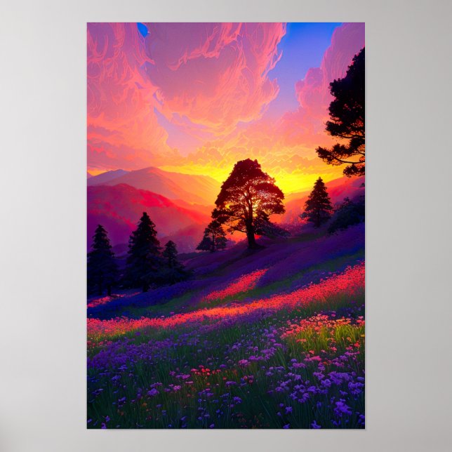 Twilight-Palette, Hügel mit blühenden Blume Poster (Vorne)