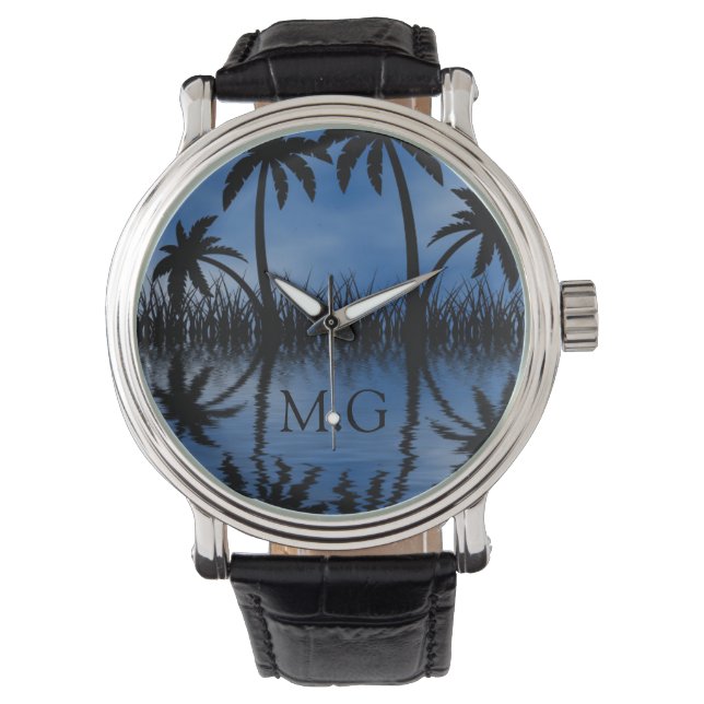 Twilight Palm Trees Silhouetten Tropical Monogram Armbanduhr (Vorderseite)