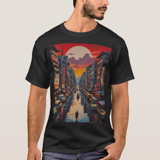 Twilight Reflection in Neon City T-Shirt (Vorderseite)