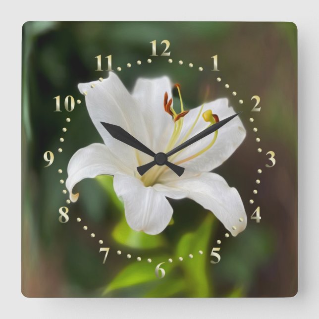 Twilight Weiße Lilie Quadratische Wanduhr (Vorderseite)