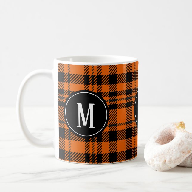 Twill Orange Black Monogram Kariert Pattern Kaffeetasse (Mit Donut)