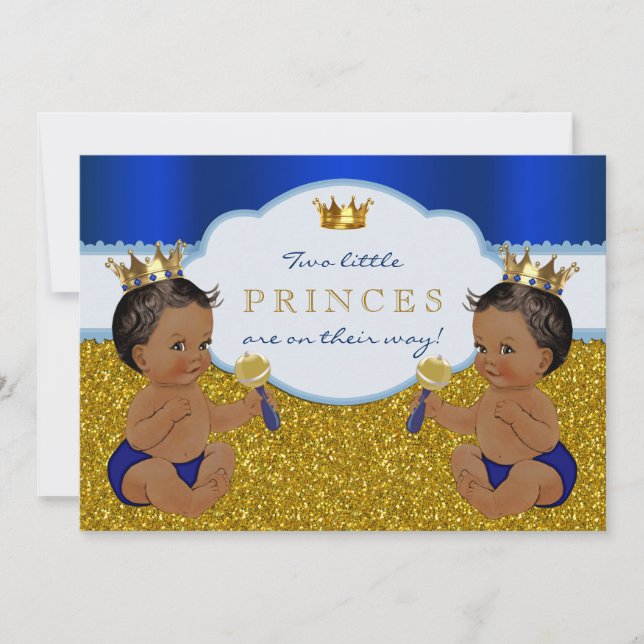 Twin African American Prince Baby Dusche Einladung (Vorderseite)