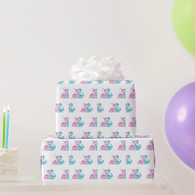 Twin Aqua und Pink Dinosaurier Geschenkpapier (Partygeschenke)
