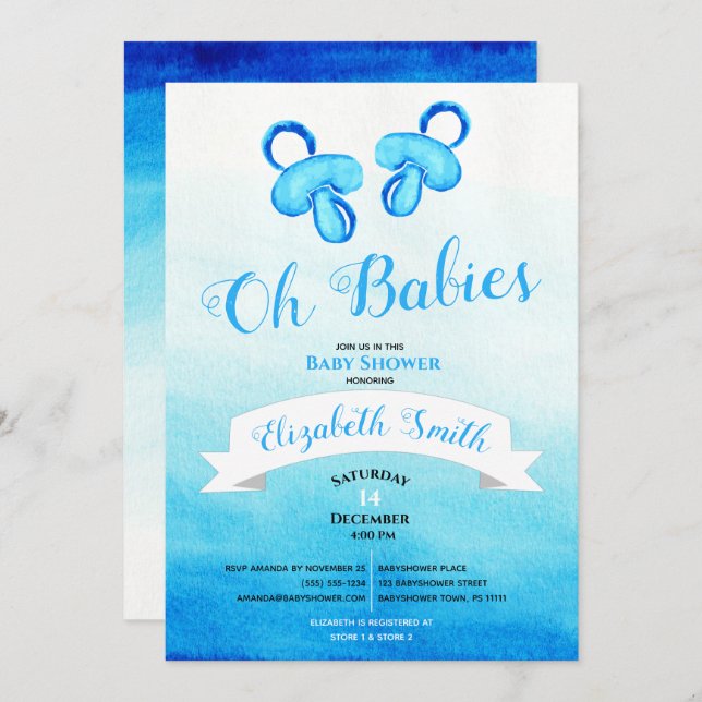 Twin baby boy watercolor babyshower einladung (Vorne/Hinten)