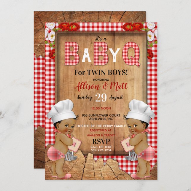 Twin Baby Boys Red Gingham Wood Baby Q Barbecue Einladung (Vorne/Hinten)