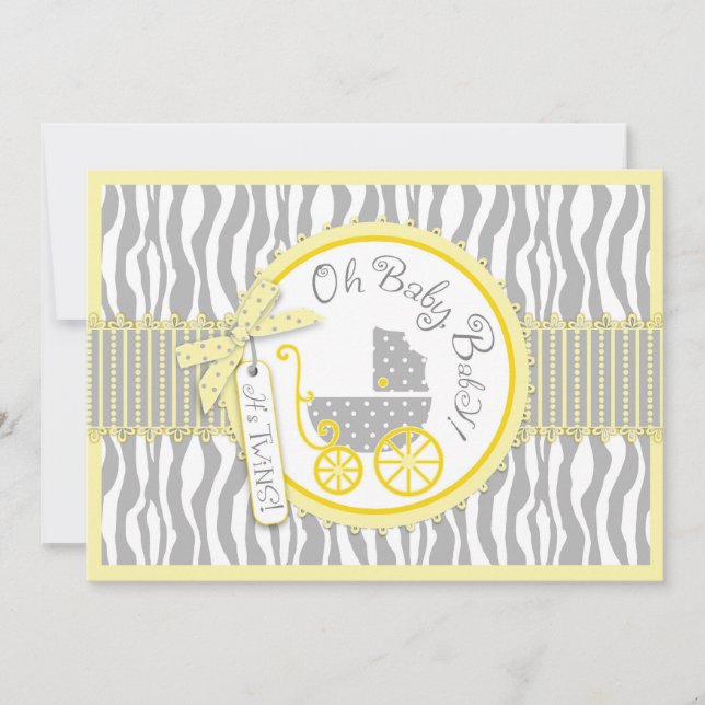 TWIN Baby Carriage, Zebra Print Yellow Baby Dusche Einladung (Vorderseite)