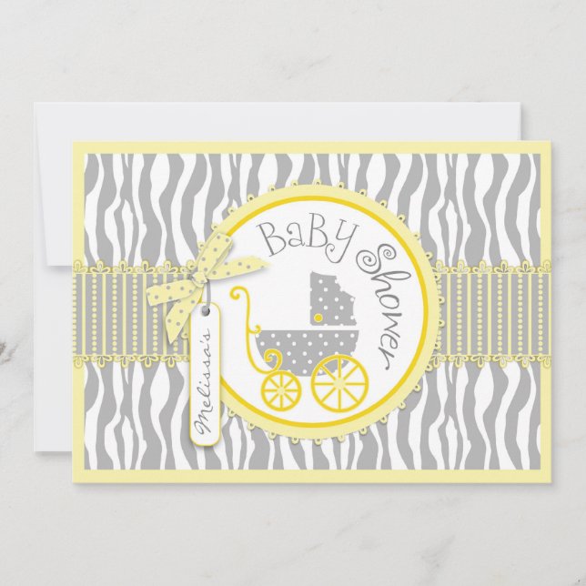 TWIN Baby Carriage, Zebra Print Yellow Baby Dusche Einladung (Vorderseite)