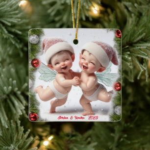 Twin Baby Christmas Fairies Keramikornament