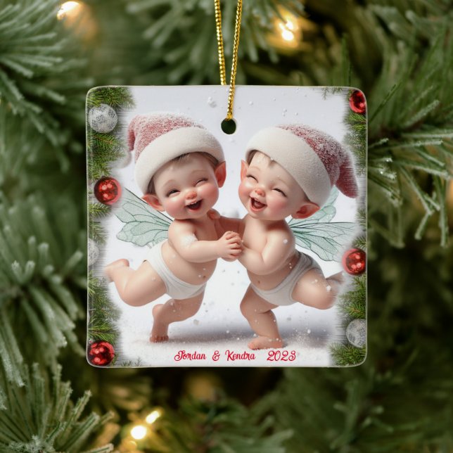Twin Baby Christmas Fairies Keramikornament (Baum)