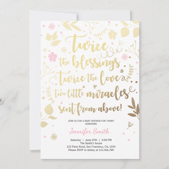 Twin Baby Dusche Einladung Gold Pink Girl Dusche (Vorderseite)