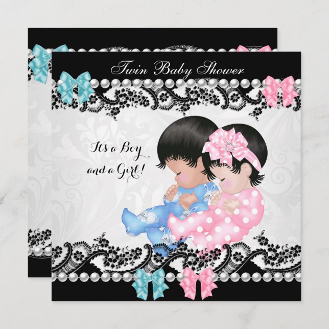Twin Baby Dusche Niedlich Girl Pink Boy Blue Einladung (Vorne/Hinten)