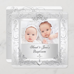 Twin Baby Girl Boy Christening Taufe White 2a Einladung