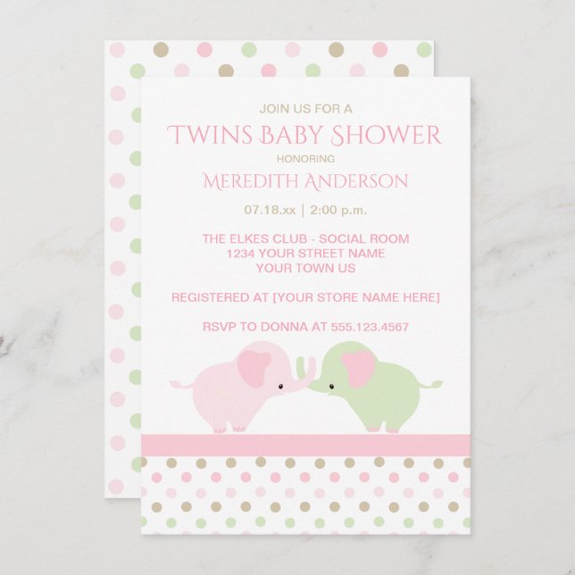 Twin Baby Girl Elephants Baby Shower Einladungen (Vorne/Hinten)