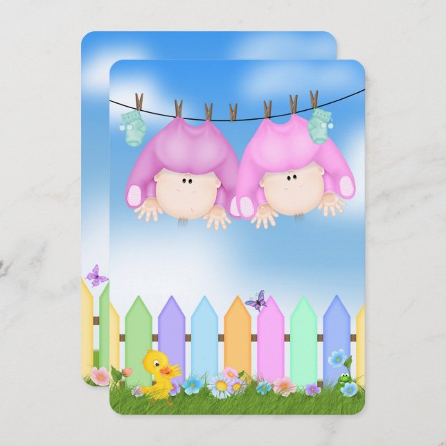 Twin Baby Girl Shower Einladung (Vorne/Hinten)
