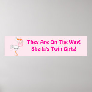 Twin Baby Girl Shower Party Banner Poster