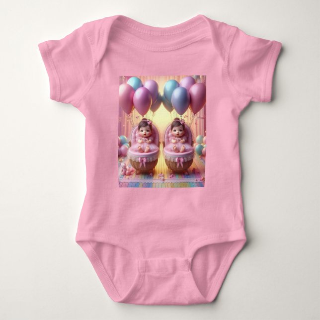 Twin Baby Girls in Pastellblasen und Ribbons Strampler (Vorderseite)