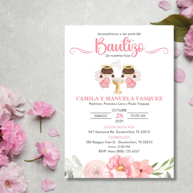 Twin Baby Girls Invitacion Bautizo Blume Taufe Einladung (Von Creator hochgeladen)