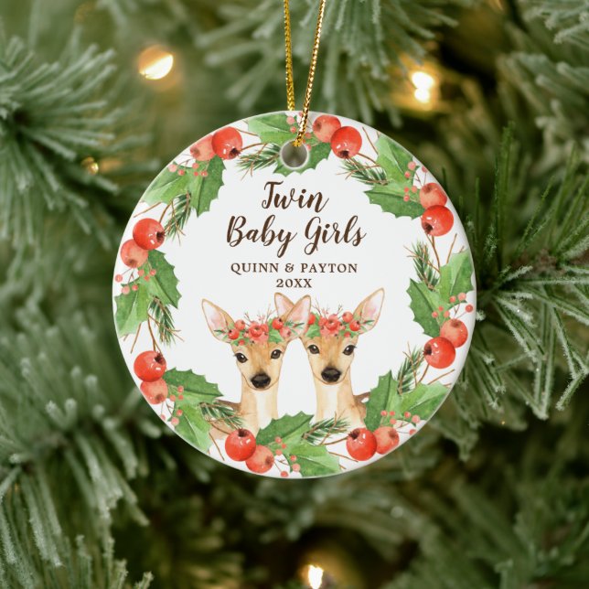 Twin Baby Girls Personalisiert Woodland Deer Fawns Keramik Ornament (Baum)