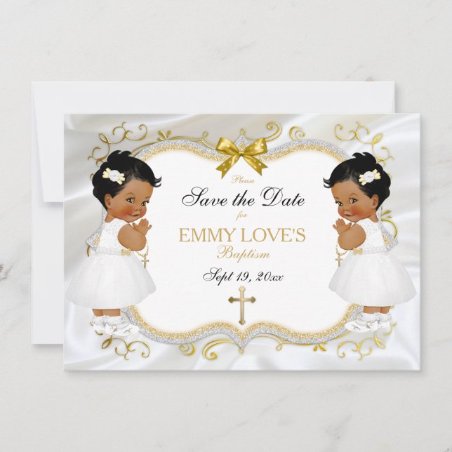 Twin Baby Girls Taufen Rett Datum Weißes Gold Kreu Save The Date (Vorderseite)