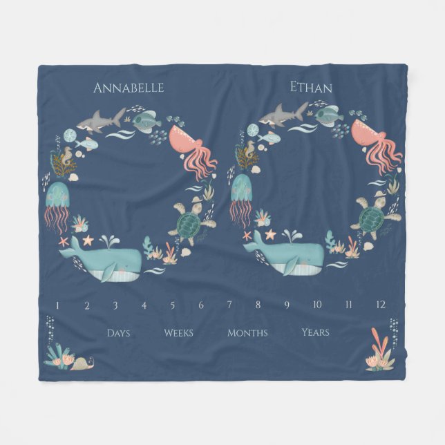 Twin Baby Milestone Blue Under the Sea Animals Fleecedecke (Vorderseite (Horizontal))