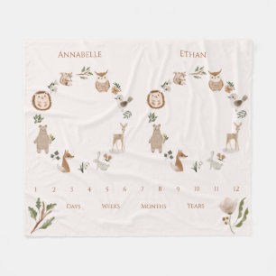 Twin Baby Milestone Boho Woodland Animals Fleecedecke