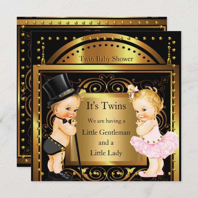 Twin Baby Shower Boy and Girl Gold Blonde Einladung (Vorne/Hinten)