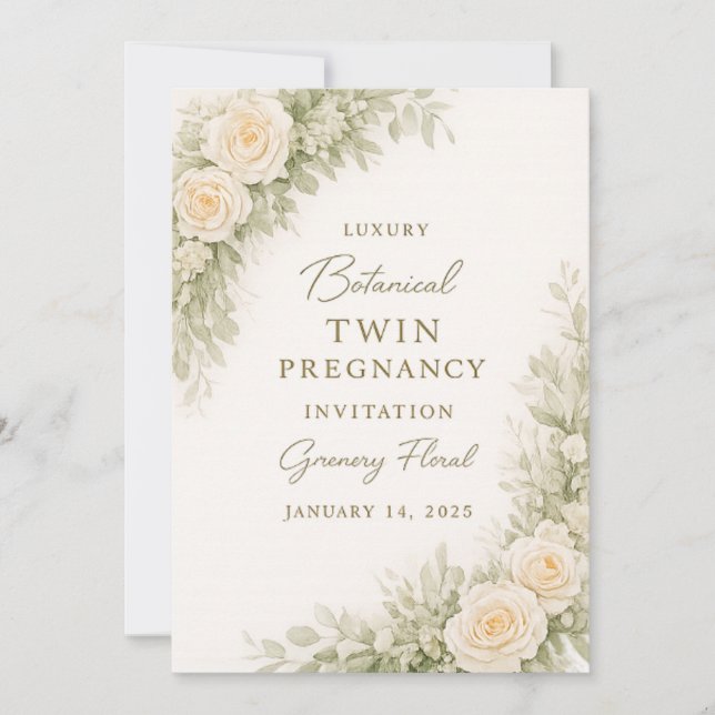 Twin Baby Shower Invitation – Elegant Botanical Fl Einladung (Vorderseite)