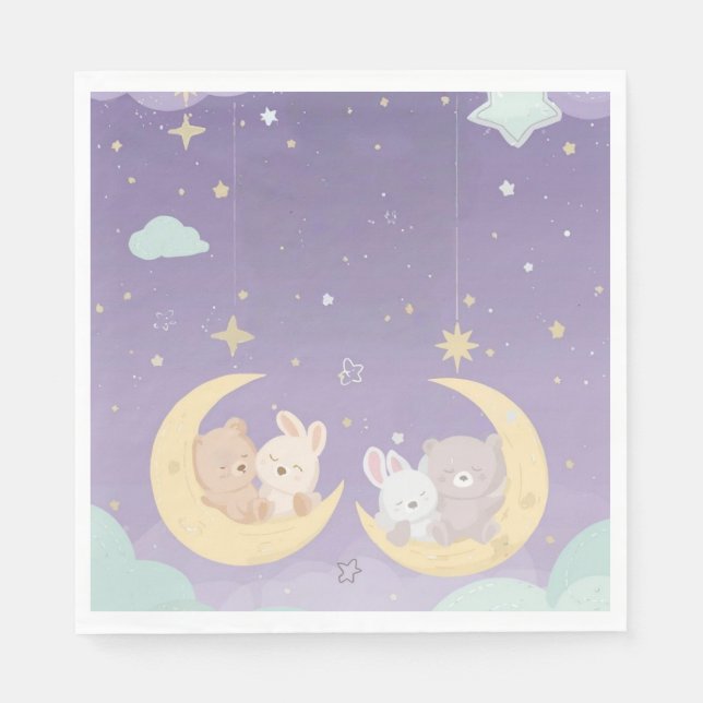 Twin Baby Shower Napkins Sleeping Animals Moon Serviette (Vorderseite)