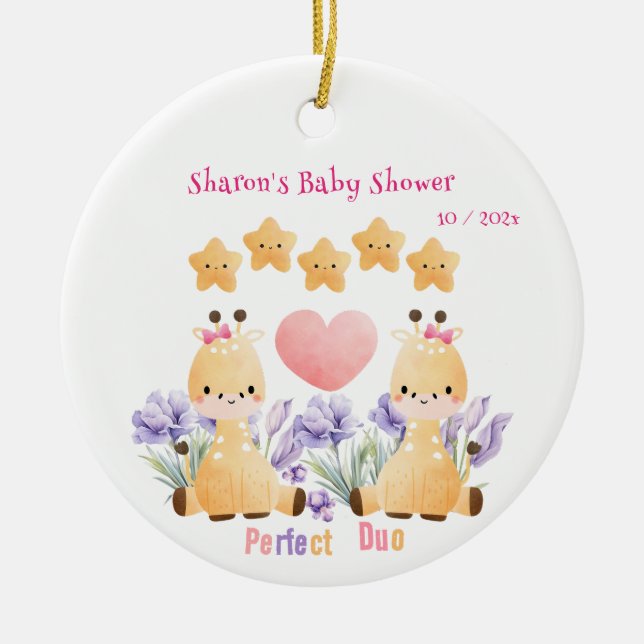 Twin Baby Shower | Niedliche Giraffe Babydusche Keramik Ornament (Vorne)