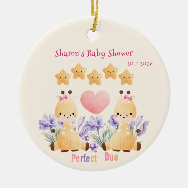 Twin Baby Shower | Niedliche Giraffe Babydusche Keramik Ornament (Vorne)