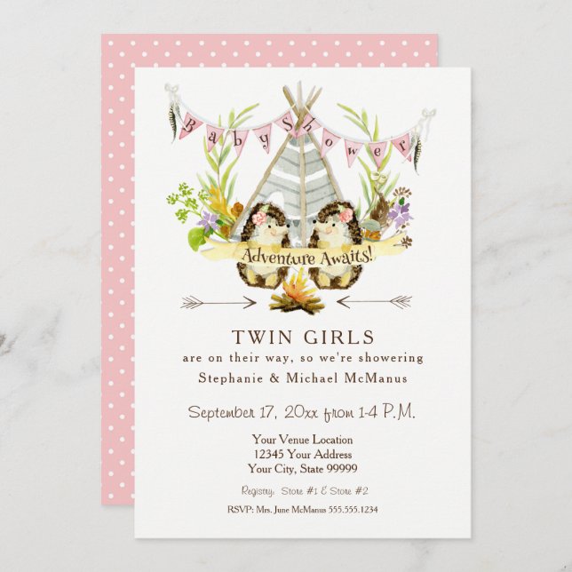 Twin Baby Shower Woodland Animal Teepe Igel Einladung (Vorne/Hinten)