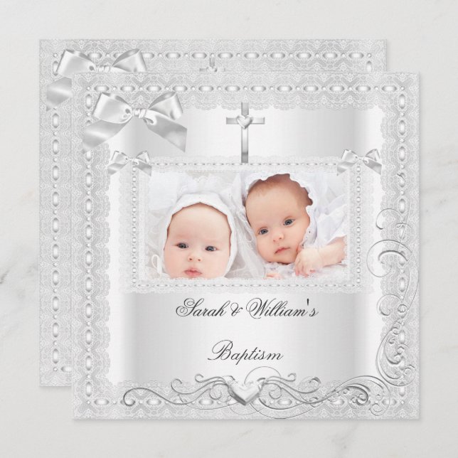 Twin Baby Taufe Girl Boy Christening White Lace Einladung (Vorne/Hinten)