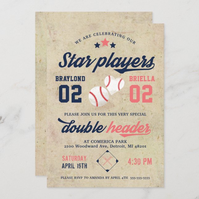 Twin Baseball Birthday Invitation Boy Girl Einladung (Vorne/Hinten)