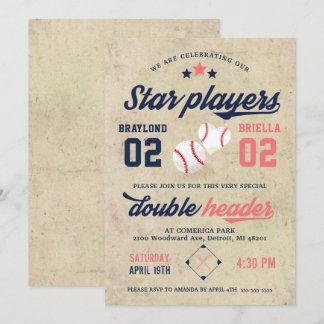 Twin Baseball Birthday Invitation Boy Girl Einladung