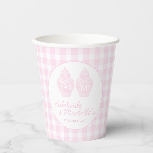 Twin Birthday Ginger Jars Coquette Pink Gingham Pappbecher (Vorderseite)
