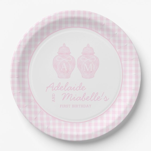 Twin Birthday Ginger Jars Coquette Pink Gingham Pappteller (Vorderseite)
