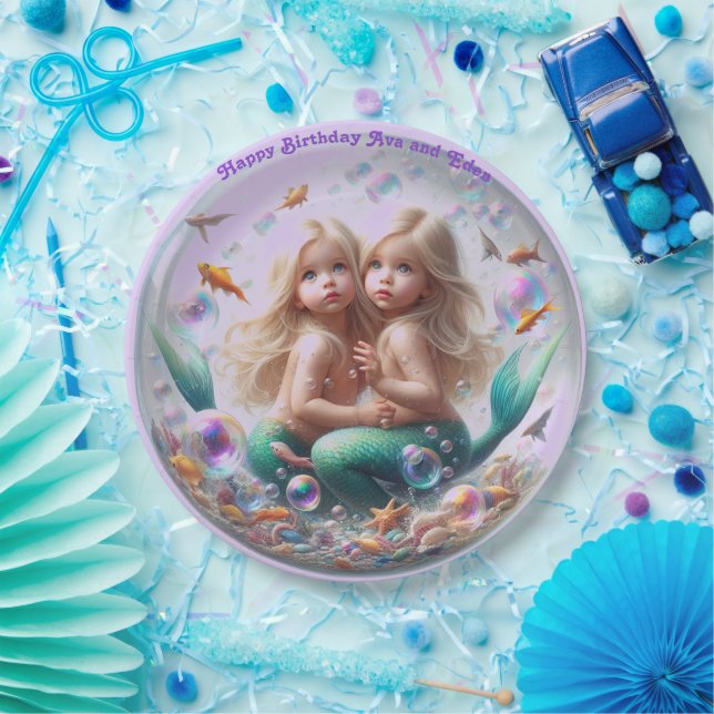 Twin Blonde Little Mermaids Blase Pappteller (Party)