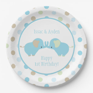 Twin Blue Baby Elephants Polka Dots Geburtstagspar Pappteller