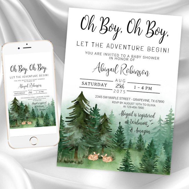 Twin Boy Deer Woodland Oh Boy Baby Dusche Einladung (Boy twin woodland deer baby shower invitation. Instant download and printed invitations available.)