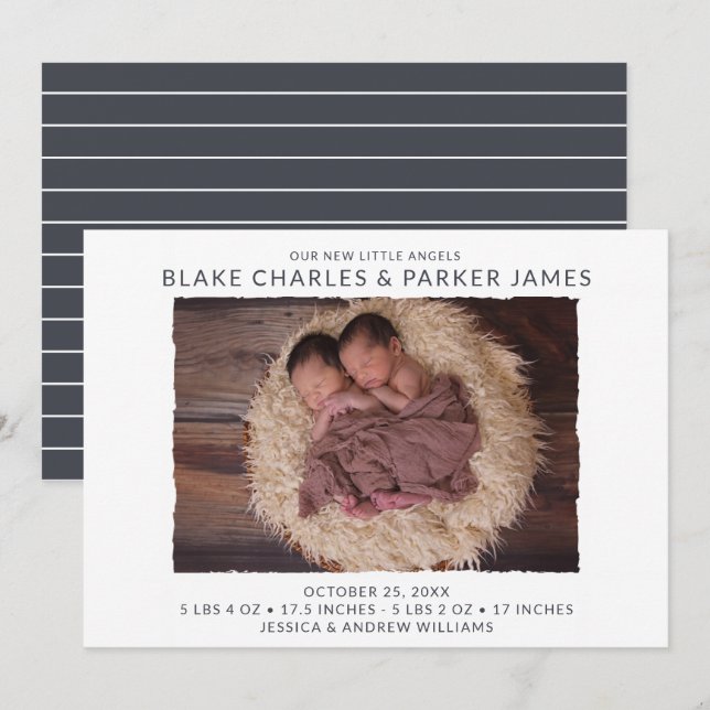 Twin Boy Foto Birth Ankündigung (Vorne/Hinten)