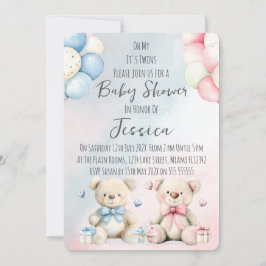 Twin Boy & Girl Bear Baby Shower Invitation Einladung