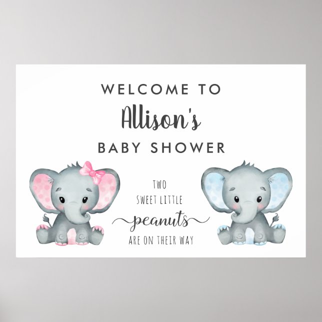 Twin Boy Girl Elephant Baby Dusche Willkommen Poster (Vorne)