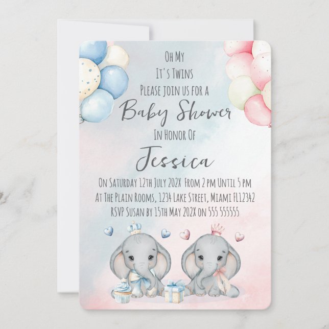Twin Boy & Girl Elephant  Baby Shower Invitation Einladung (Vorderseite)