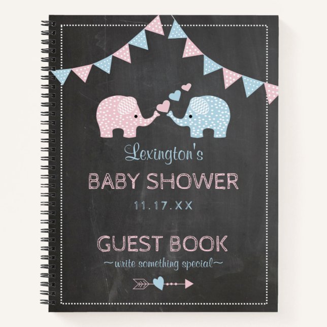 Twin Boy Girl Elephants Baby Shower Gästebuch | Notizbuch (Vorderseite)