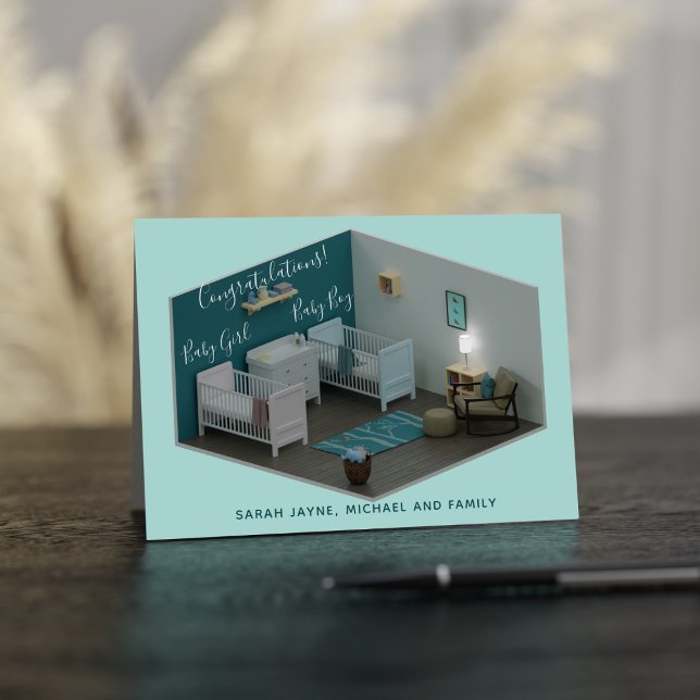 Twin Boy Girl New Parters Glückwünsche Karte (Congratulations! There's twins in the house. Send this card to the new parents. Just add their names)