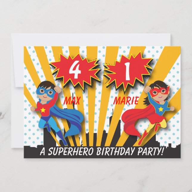 Twin Boy Girl Superhero Birthday Einladung (Vorderseite)