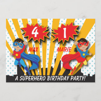 Twin Boy Girl Superhero Birthday Einladung
