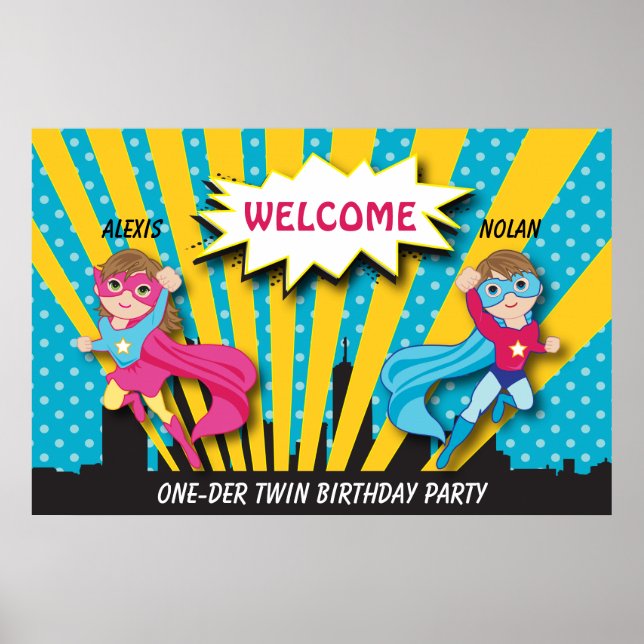 Twin Boy Girl Superhero Birthday Poster (Vorne)
